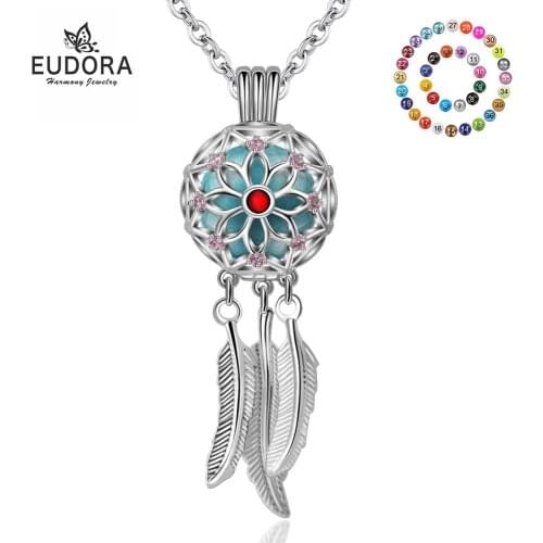 EUDORA 16mm Harmony Ball Pink CZ Flower Feather Tassel Necklace Music Pregnancy Chime Bola Pendant 30"Long Chain for Mother K339