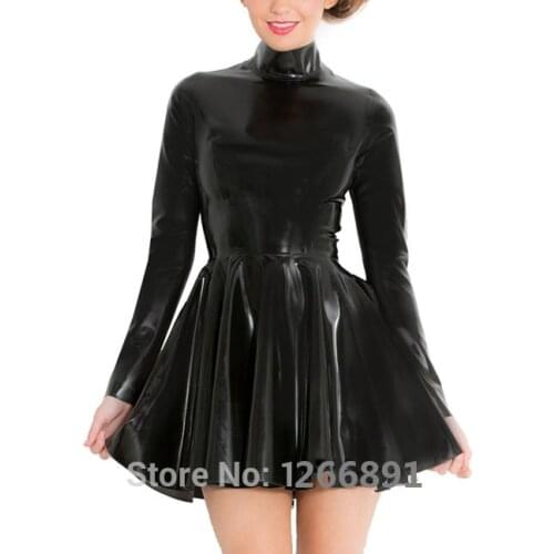 Hot Womens Skater Mini Dress in Black Rubber Latex with High Neck Back Zipper
