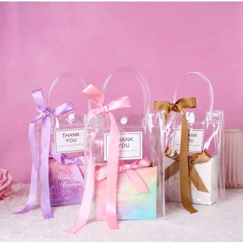 PVC Transparent Tote Bag Ribbon Candy Gift Box Package Bags Wedding Bridesmaid Gift Dragee Packaging Party Wrapping with Box