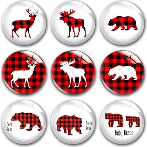 Handmade Merry Christmas deer Buffalo Plaid Round photo glass cabochons demo flat back DIY jewlery Making findings accessory