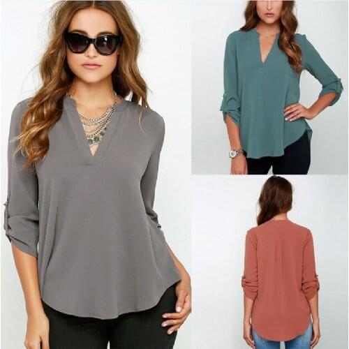 2020 Spring New Style Korean Temperament Pure Color Long-sleeved Womens V-neck Pleated Sleeve Loose Casual Chiffon Shirt