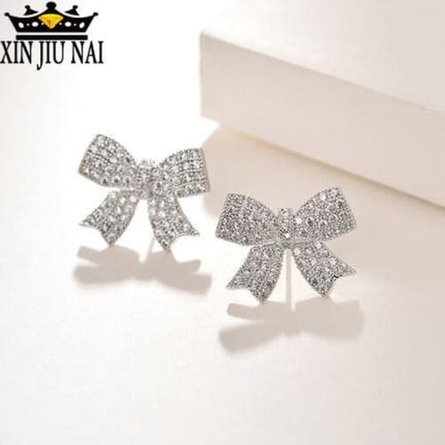 S925 silver needle light luxury heavy industry micro inlaid zircon earrings bow small and wild earrings female