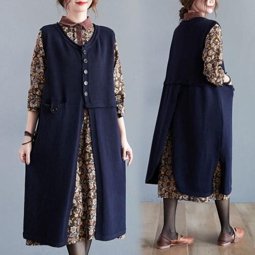 Womens Knitted Sweater Vest Autumn And Winter 2020 New Loose Large Size Thick Slit Mid-Length Outer Dress Casual Knitwear y520