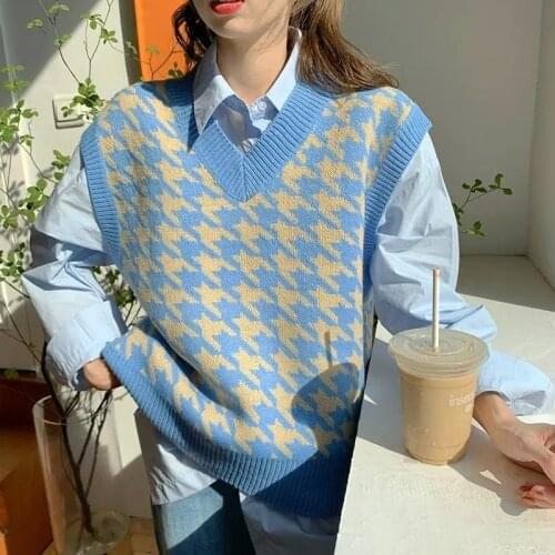 Houndstooth Knitted Vest Top Women Autumn Winter New Casual Loose V-neck Sleeveless Sweater Tank Korean Clothes Outwear Female