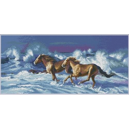 100% egypt COTTON Counted Cross Stitch Kit Wave Runner Galloping Horses Two Brown Horse Running dim 35142