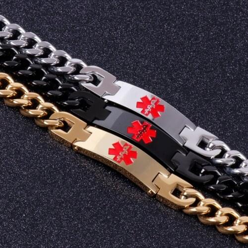 11MM Width Custom Medical Alert ID Link 200mm Chain Bracelet Jewelry Free Engraved Infomation Quality Men Bangle