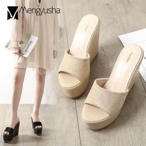 14cm extra high heels sandals women summer wedges platform sandalias women flock thick bottom slippers black flipflops slidec627