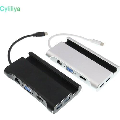 7 in 1 USB -C USB 3.1 Type C to 4K HDMI VGA Rj45 Gigabit Ethernet 3 USB 3.0 Port Type C PD Charging Adapter Dock Holder Hub