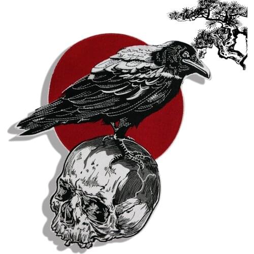 Crow Skull Below Death Embroidery Patches Punk Rock Motorcycle Biker Jacket Applique Vest Back Size Iron on Decorative Free Ship