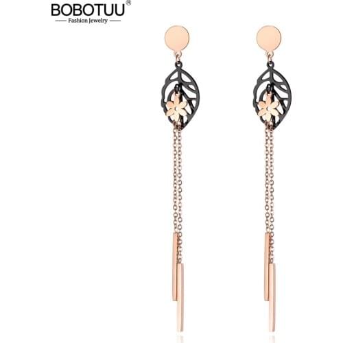 BOBOTUU Bohemia Stainless Steel Leaves And Flowers Tassel Earrings Jewelry Trendy Rose Gold Dangle Earrings For Women BE19116