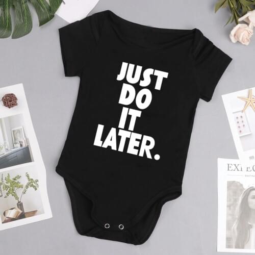DERMSPE 2019 Summer New Style Baby Girls Boys Rompers Short Sleeve Print Just Do Later Newborn Baby Clothes Jumpsuit Black