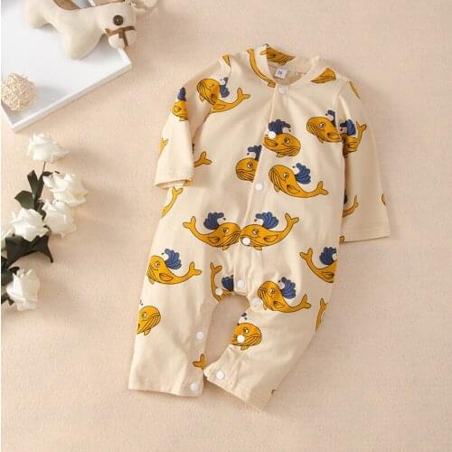 Hot Selling Cotton Cartoon Whale Print Long Sleeve Single Breasted Baby Romper Casual Soft Fall Winter Baby Boy Clothes 0-18M
