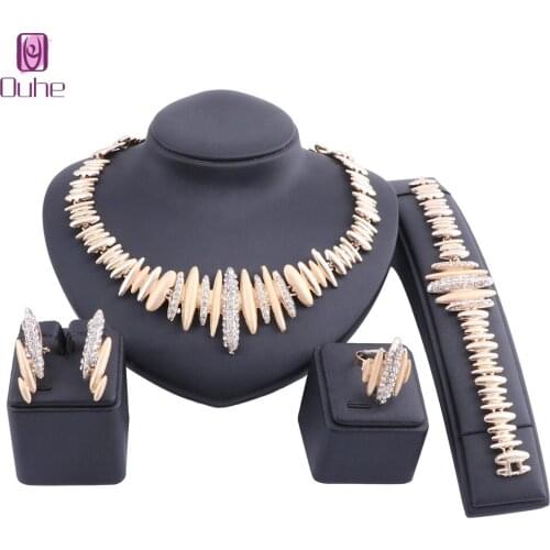 Fashion Dubai Gold Jewelry Sets For Women African Beads Set Wedding Bridal Crystal Necklace Earrings Bangle Ring Jewelry Set