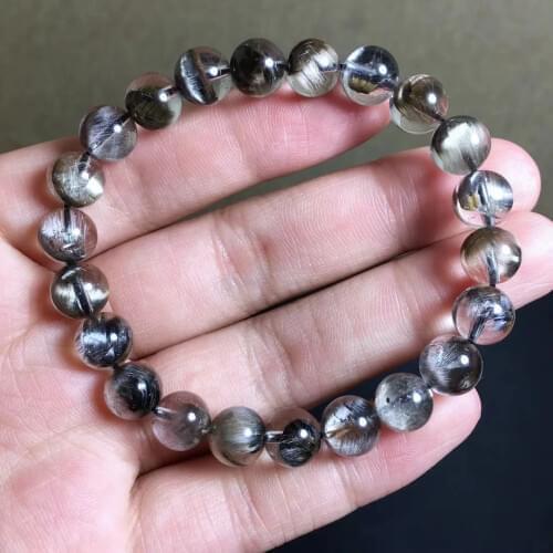 8.5mm Genuine Natural Brookite Silver Rutilated Quartz Bracelet Clear Round Beads Women Men Wealthy Stone AAAAA