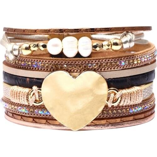 FYSL Wholesale 10 Pcs Light Yellow Gold Color Love Heart Metal Layer Leather Bracelet with Pearls Romantic Jewelry