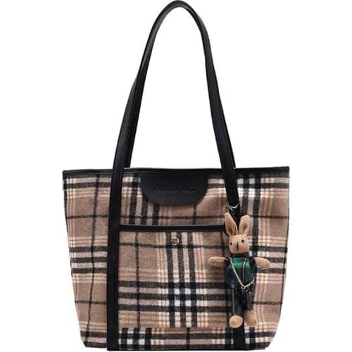 Luxury Plush Grid Cloth Tote For Women Casual Large Capacity Female Shoulder Bags Ladies Shopping Big Bag Bandbags Bolsas Brown