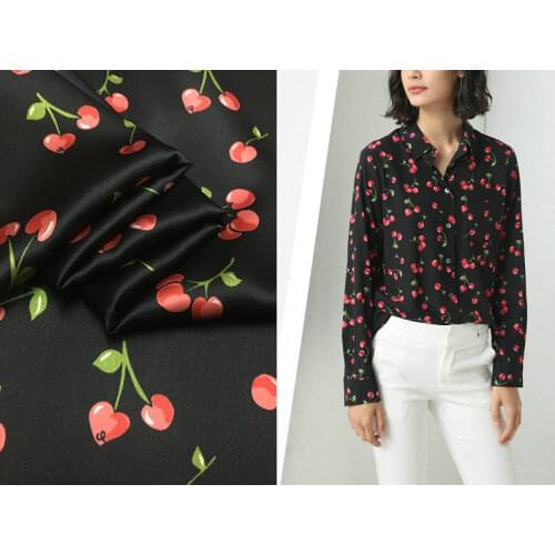 Red cherry inkjet printing silk stretch satin fabric brand heavy natural silk dress shirt clothing fashion fabric 140cm wide