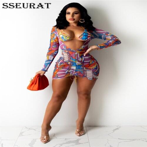 SSEURAT Sexy Nightclub Dress Suit Woman Fashion New Mesh Drape Drawstring Long Sleeve V-Neck Two-Piece Set Outfits