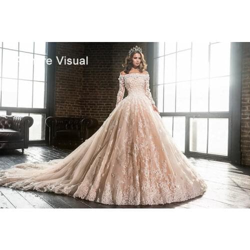 Wedding Dress Ball Gown Boat-Neck Neckline Off The Shoulder Chapel Train Floor-Length Marry Plus Size Bride Gown