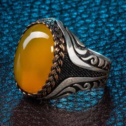 Knitting Pattern Men Yellow Amber Gemstone Silver Ring Vintage Men Accessories Top Quality Fashionable 925K Silver