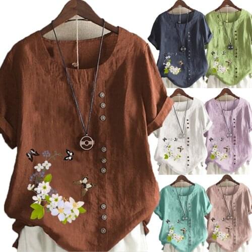 Womens New Fashion Round Neck Floral Print Short Sleeve Top Loose Linen T-shirt Casual Top S-5XL