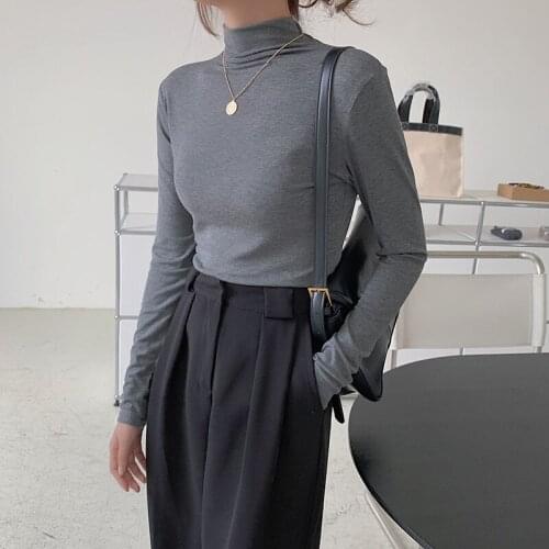 2021 Autumn Modal Stretch T-shirts For Women Long Sleeve Turtleneck Skinny Tops Tees Female Solid TShirt Winter T039