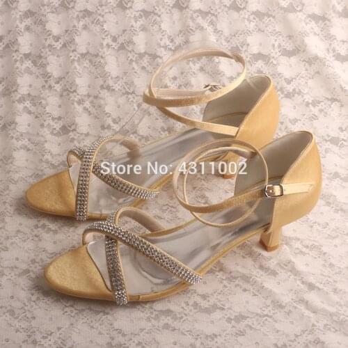 Custom Handmade 5cm Low Heels with Straps Woman Shoes Crystal Gold Sandals