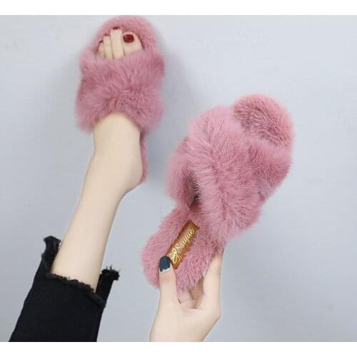 Woman Shoes Rabbit Fur Slippers Women 2020 New Cross-flip Net Red Flat-heel Home Cotton Slippers Women Fashion Women Slippers