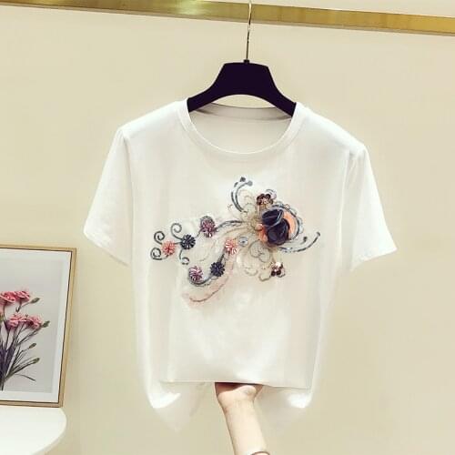 Sequined Embroidery Women T-Shirts Summer New Design 2021 White O-Neck Short-Sleeved Slim Elegant Office Lady Pulls Tops Tees
