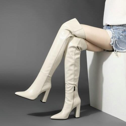 Women Over the Knee Boots Crocodile Pattern Microfiber Leather Pointed High Heel Boots Fashionable Beige Black Winter Boots