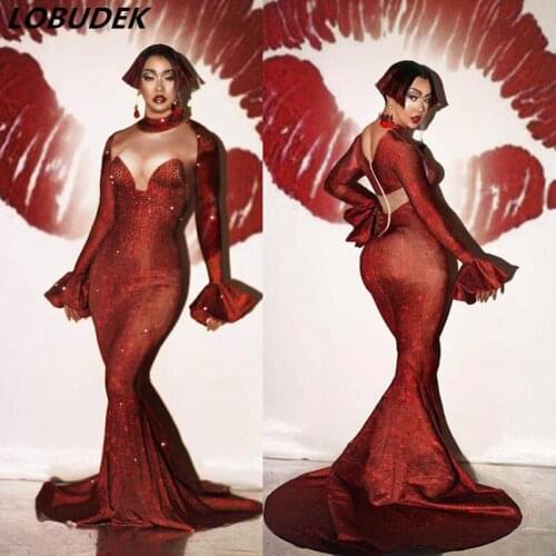 Women Birthday Celebrate Evening Party Singer Host Stage Dress Red Rhinestones Stretch Skinny Mermaid Dress Wedding Long Dresses