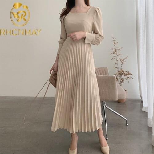 2020 New Autumn Women Korea Chic Pleated Dress Womens Long Sleeve Casual Solid Temperament Lady Dresses Vestidos
