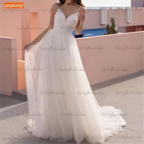 Elegant white wedding gown 2021 vestido de noiva Custom Made Backless Tulle A Line Appliques lace свадебное пла Spaghetti Straps
