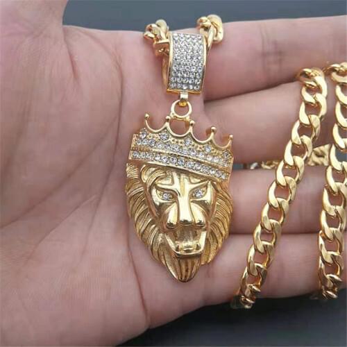 Hip Hop Full Iced Out Bling Lion Necklace Rhinestone Cuban Chain Gold Color Pendants & Necklaces For Men Jewelry Dropshipping