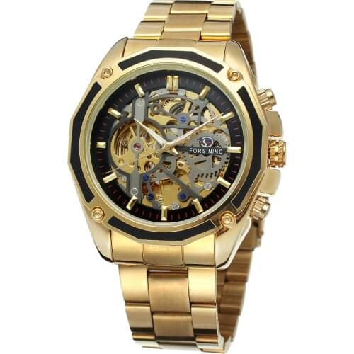 Forsining Transparent Open Work Stainless Steel Mechanical Skeleton Mens Watch Luxury Automatic Business Relogio Masculino