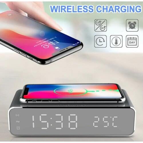 Black and Silver USB Digital LED Desk Alarm Clock With Thermometer Wireless Charger For SmartPhone