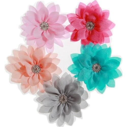 5PCS 8.5CM 3.4inch Lotus Chiffon Flowers With Button For Girls Headbands Artificial Fabric Flower For Hair Accessories