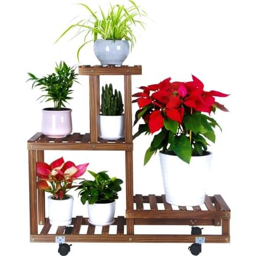 Wood Plant Stand with Wheels Potted Indoor&Outdoor Multi-Layer Rolling Plant Stand Rack Higher & Lower Planter Display Shelving