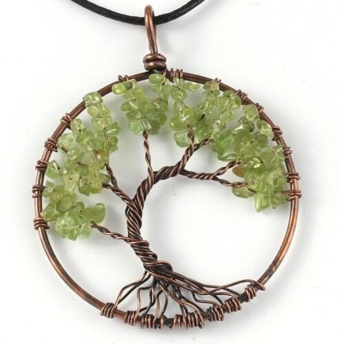 KFT Natural Healing Crystal Green Olivine Quartz Stones Tree Of Life Necklace Stone Pendant Jewelry