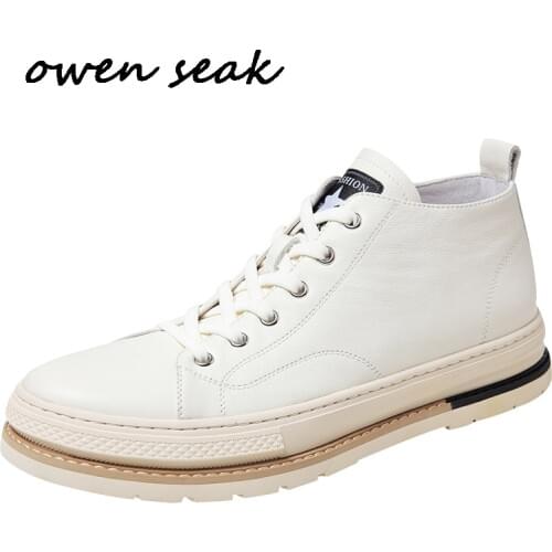 Owen Seak Men Casual Shoes Luxury Trainers Cow Genuine Leather Lace Up Sneakers Male Autumn Boots Brand Flats Black White Shoes