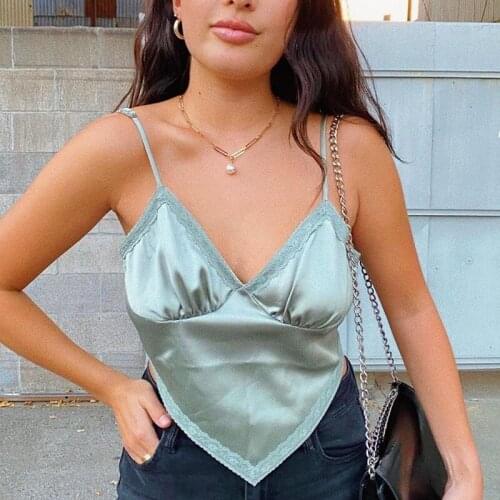 Summer Sleeveless Backless Bandage Tank Aesthetic Streetwear Satin Lace Trim Crop Top Women Sexy Spaghetti Strap Cami