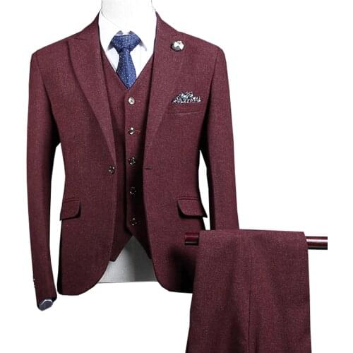 Men Suit Tweed Wool (coat+Pants+Vest) 3 Pieces Slim Fit Wedding Burgundy Wear Formal Men Suit Elegant Costume size S-5XL