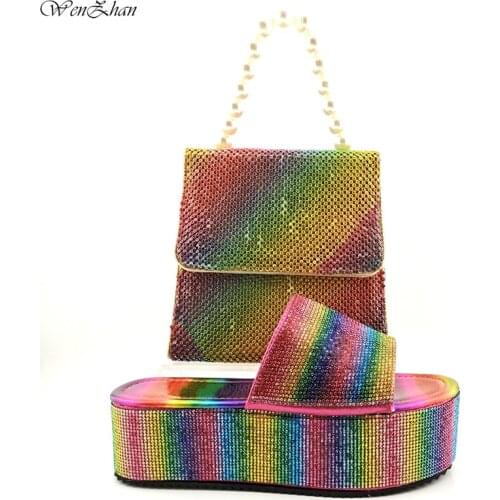 New Coming Nigerian Women Shoes and Bag Set in Rainbow Color Leisure Style High Quality Soft Heels for Party 37-42 B13-20