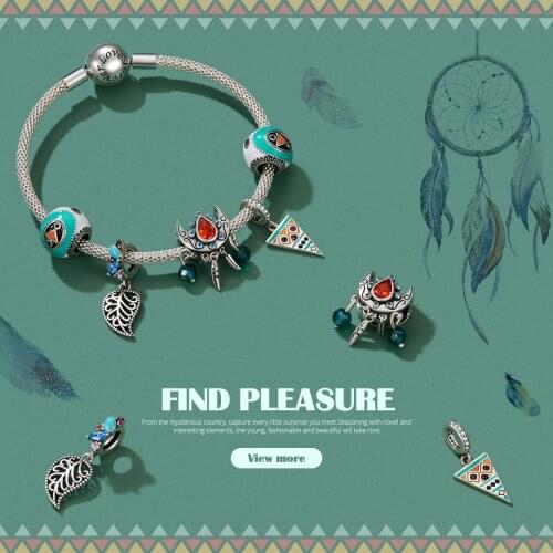 WOSTU 925 Sterling Silver Charm Bohemian Moon Leaf Bead Dreamcatcher Pendant Fit Original Bracelet Necklace DIY Jewelry