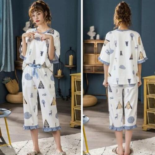 Pajama Sets Women Oversize 5XL Loose Leisure Ruffle Calf-length Nightwear Lovely Student Soft Korean Style Comfortable Sleepwear