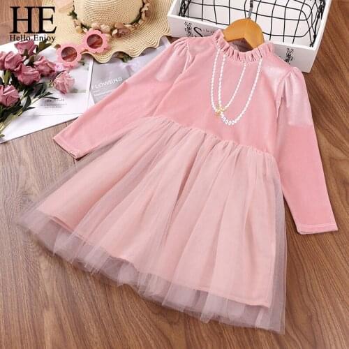 HE Hello Enjoy Girls Princess Dresses Autumn Baby Girl Clothes Long Sleeve Pink Mesh Elegant Evening Golden Velvet Dress Casual