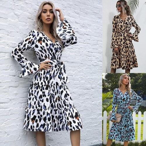 Summer Autumn Dresses Midi Dress Woman Clothes Medium Length for Women 2021 leopard print V-neck Long Lace Up Skirts Casual