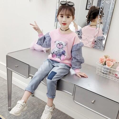 Girls spring and autumn cartoon long-sleeved shirt striped print contrast color stitching loose elastic cotton T-shirt