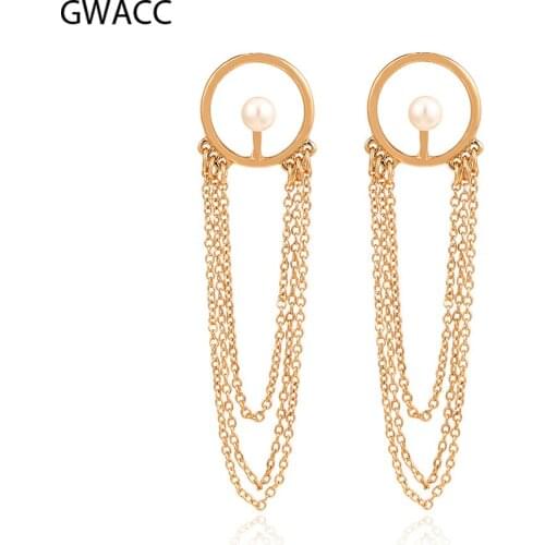 INKDEW Trendy Pearl Tassel Earrings Metal Geometric Chain Long Earrings Drop Earrings for Women Girl Gift Party Personality