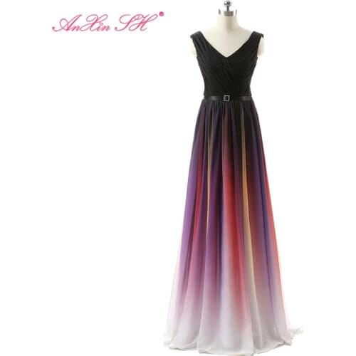 AXJFU Rainbow Chiffon evening dress colorful chiffon evening birthday dinner evening dress Gradient color evening dress